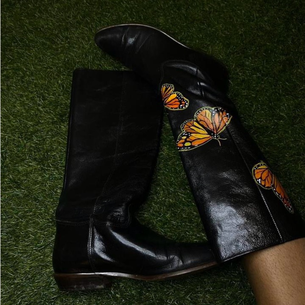 Black Leather Boots with Butterfly Design